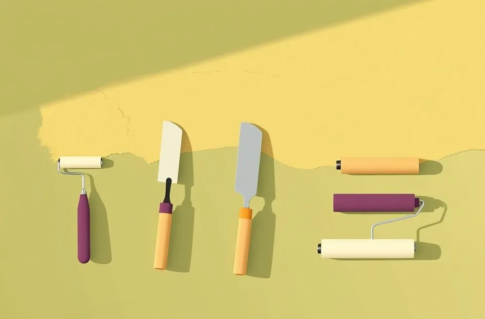 Outils de peinture disposés dans l'ordre des étapes du chantier