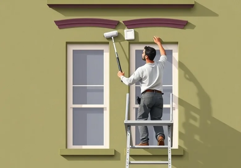 Peintre sur échafaudage traitant la façade d'une maison