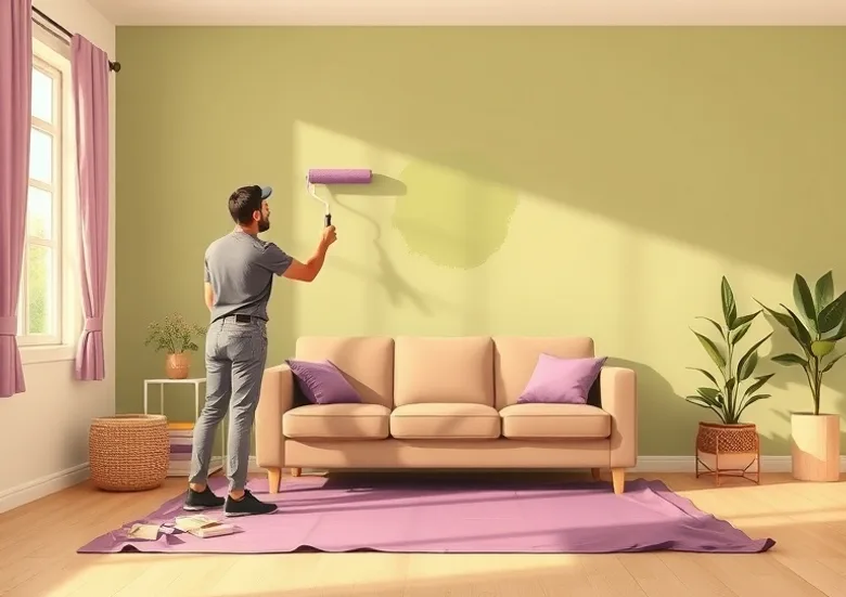 Peintre appliquant la peinture au rouleau sur un mur de salon